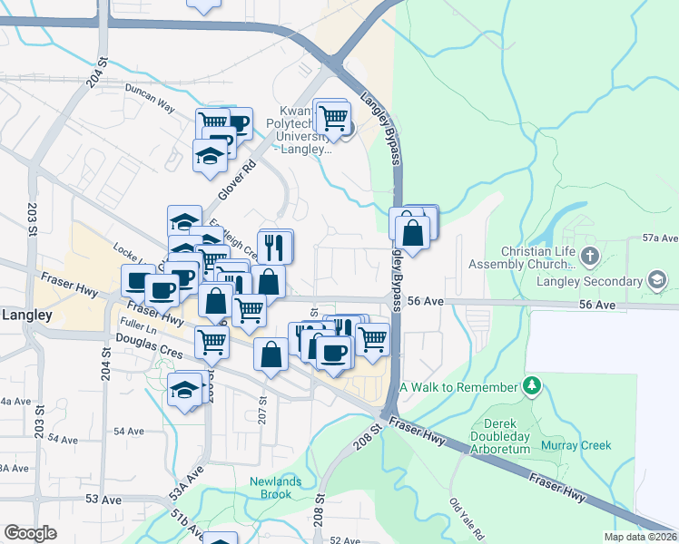 map of restaurants, bars, coffee shops, grocery stores, and more near 5666 208 Street in Langley