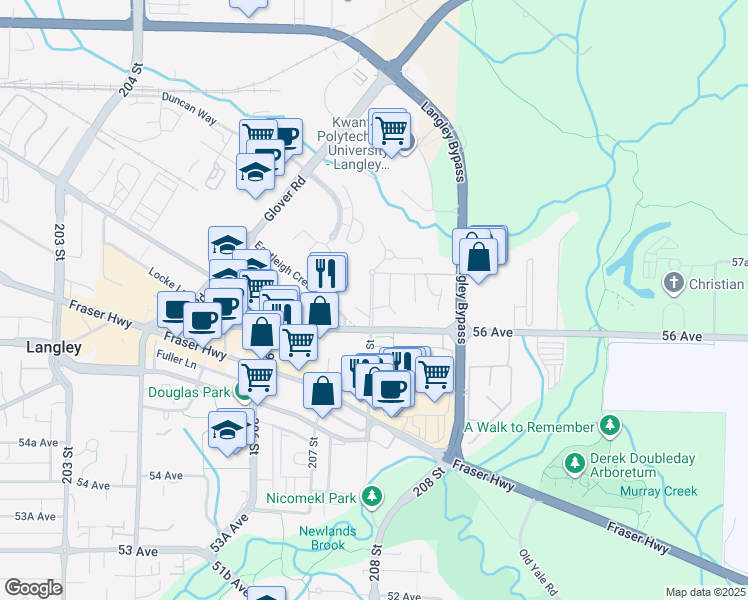 map of restaurants, bars, coffee shops, grocery stores, and more near in Langley