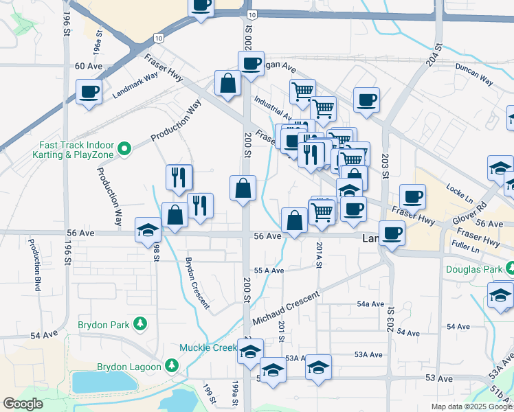 map of restaurants, bars, coffee shops, grocery stores, and more near 5664 200 Street in Langley City