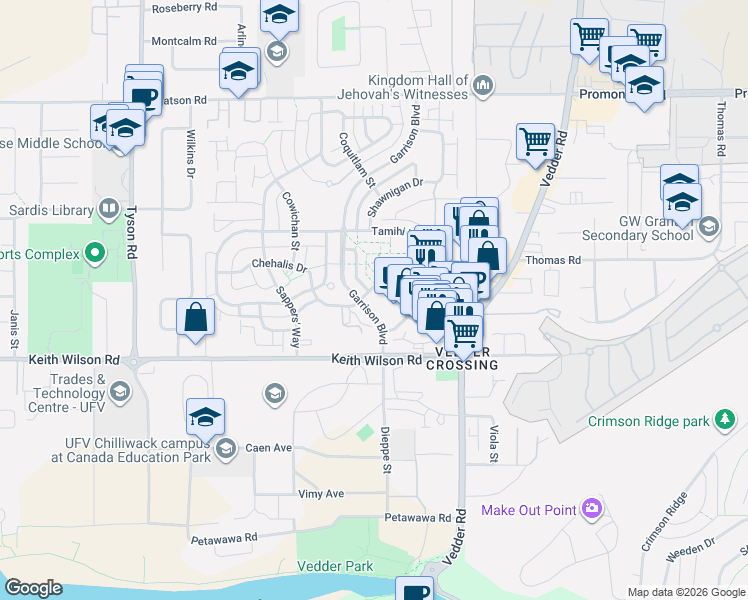 map of restaurants, bars, coffee shops, grocery stores, and more near 45500 Market Way in Chilliwack