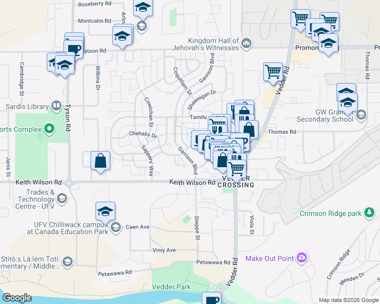 map of restaurants, bars, coffee shops, grocery stores, and more near 45500 Market Way in Chilliwack