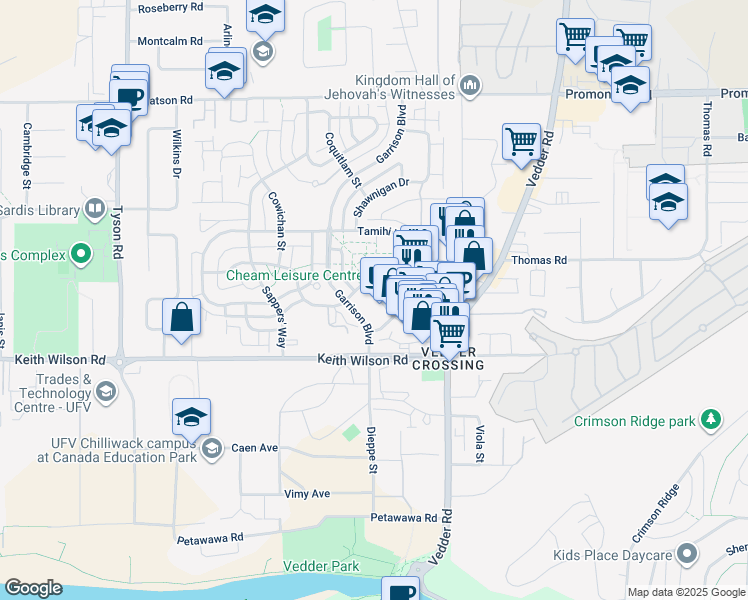 map of restaurants, bars, coffee shops, grocery stores, and more near 50 Tamihi Way in Chilliwack