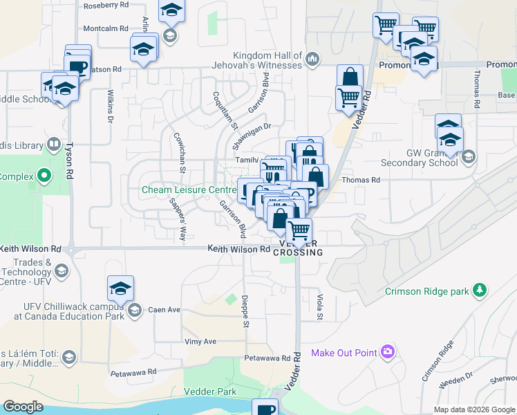 map of restaurants, bars, coffee shops, grocery stores, and more near 45513 Market Way in Chilliwack