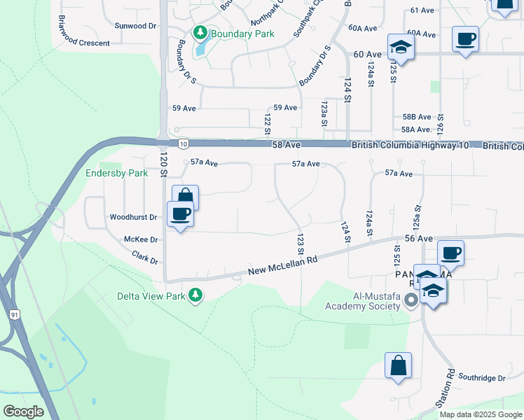 map of restaurants, bars, coffee shops, grocery stores, and more near 12256 57 Avenue in Surrey