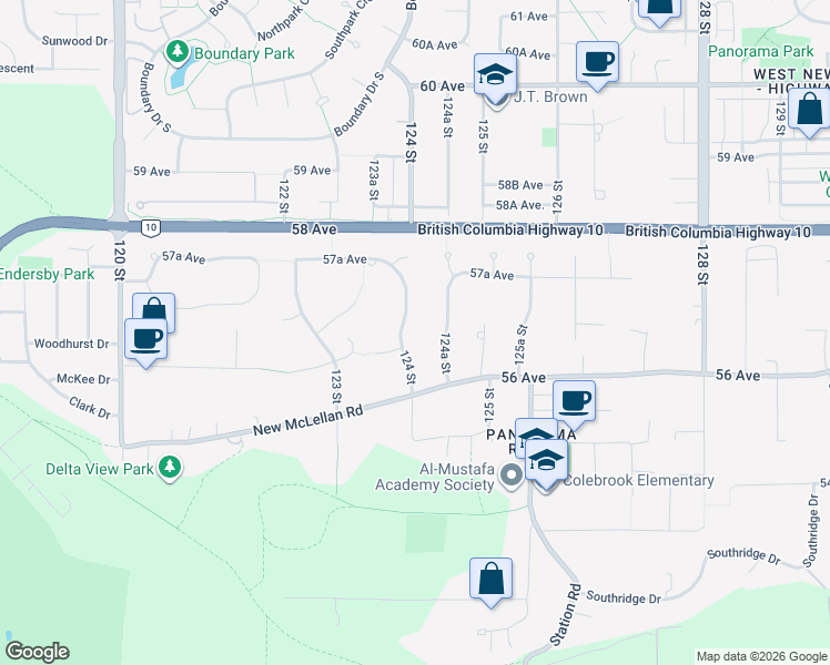 map of restaurants, bars, coffee shops, grocery stores, and more near 5658 124 Street in Surrey