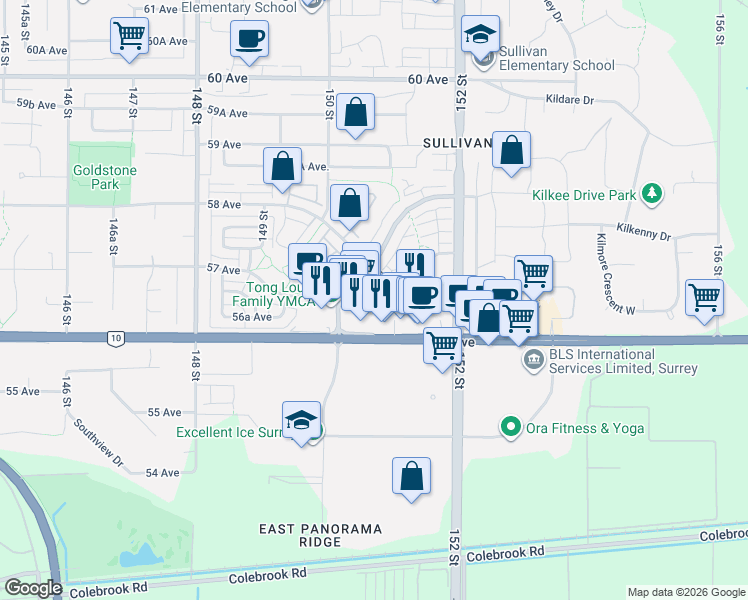 map of restaurants, bars, coffee shops, grocery stores, and more near 15127 56 Avenue in Surrey