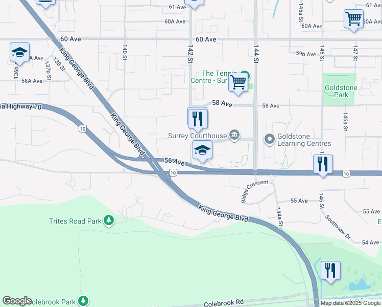 map of restaurants, bars, coffee shops, grocery stores, and more near 101 142 Street in Surrey