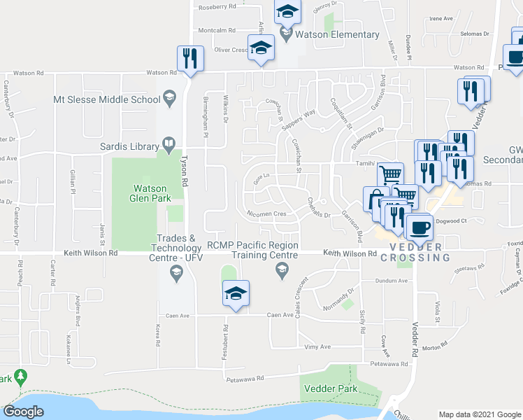 map of restaurants, bars, coffee shops, grocery stores, and more near 2 Nicomen Crescent in Chilliwack