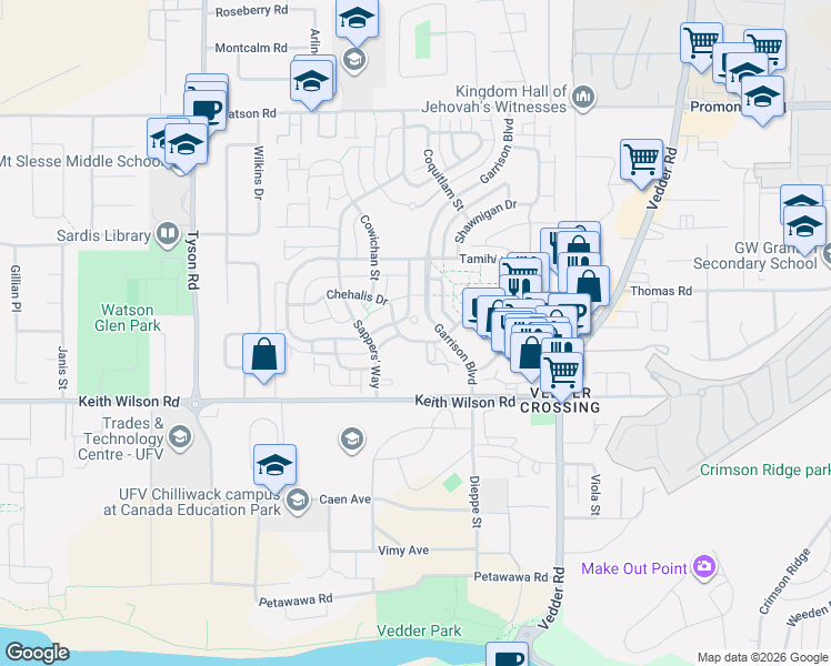 map of restaurants, bars, coffee shops, grocery stores, and more near 45389 Chehalis Drive in Chilliwack