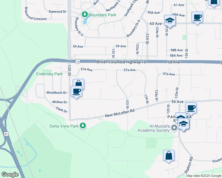 map of restaurants, bars, coffee shops, grocery stores, and more near 12256 57 Avenue in Surrey