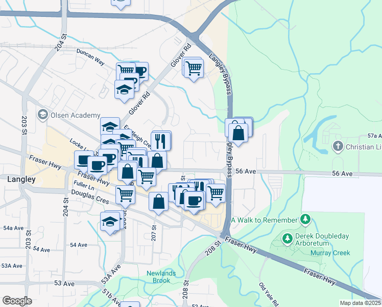 map of restaurants, bars, coffee shops, grocery stores, and more near 5670 208 Street in Langley