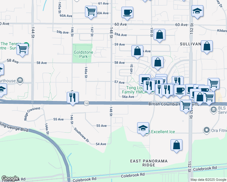 map of restaurants, bars, coffee shops, grocery stores, and more near 5662 148 Street in Surrey