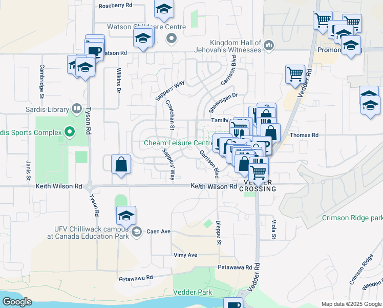 map of restaurants, bars, coffee shops, grocery stores, and more near 45389 Chehalis Drive in Chilliwack