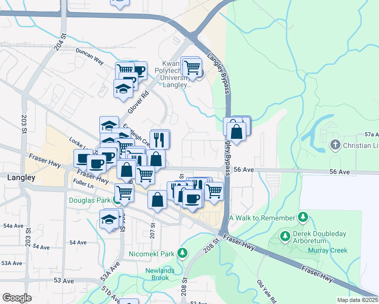 map of restaurants, bars, coffee shops, grocery stores, and more near 5666 208 Street in Langley