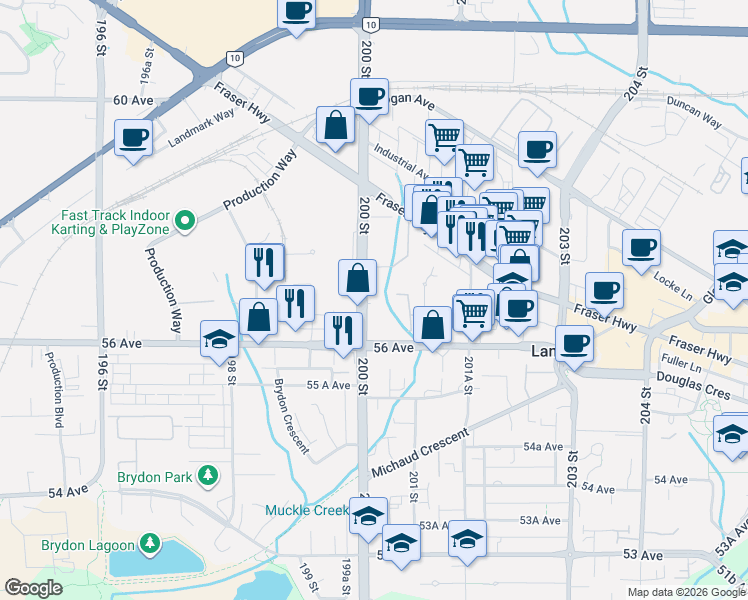map of restaurants, bars, coffee shops, grocery stores, and more near 5664 200 Street in Langley