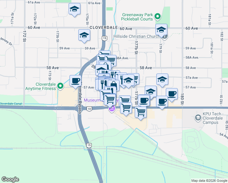 map of restaurants, bars, coffee shops, grocery stores, and more near 5680 176A Street in Surrey