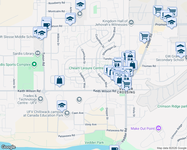 map of restaurants, bars, coffee shops, grocery stores, and more near 45389 Chehalis Drive in Chilliwack