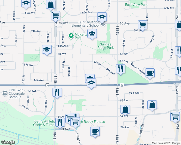 map of restaurants, bars, coffee shops, grocery stores, and more near 5663 186A Street in Surrey
