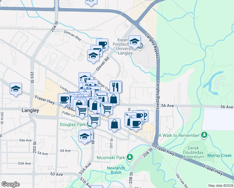 map of restaurants, bars, coffee shops, grocery stores, and more near 20695 Eastleigh Crescent in Langley