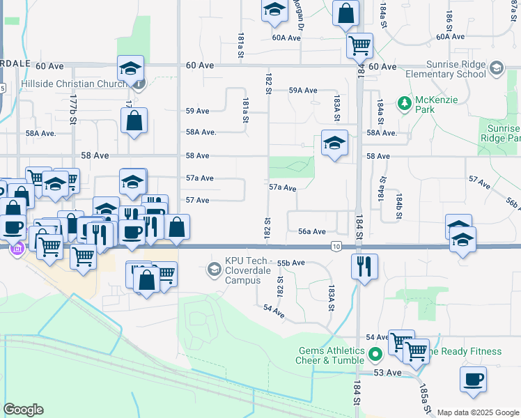 map of restaurants, bars, coffee shops, grocery stores, and more near 5687 182 Street in Surrey