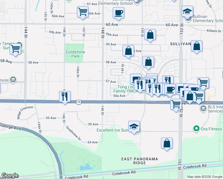 map of restaurants, bars, coffee shops, grocery stores, and more near 14852 56B Avenue in Surrey