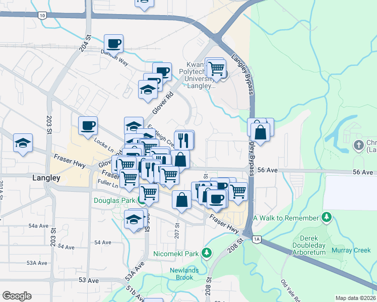 map of restaurants, bars, coffee shops, grocery stores, and more near 20695 Eastleigh Crescent in Langley