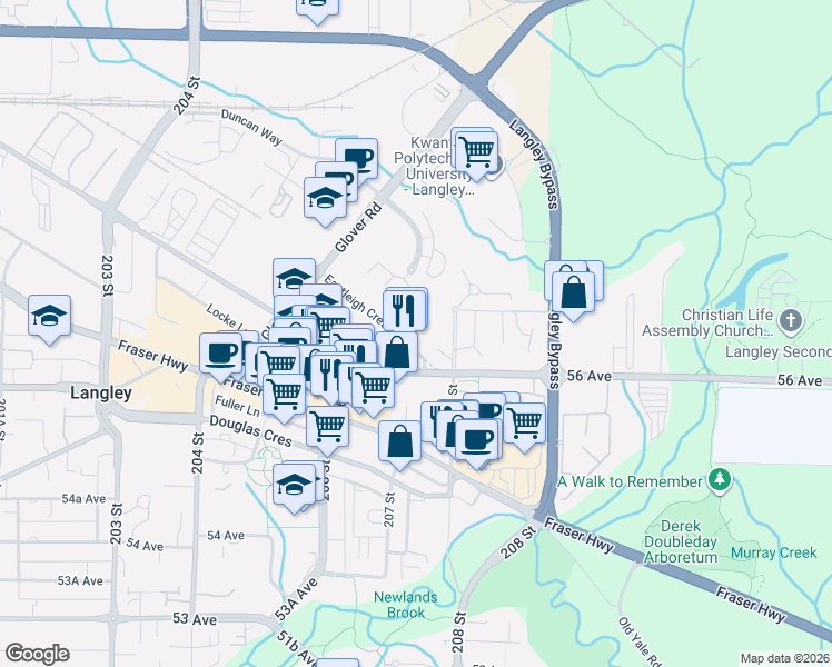 map of restaurants, bars, coffee shops, grocery stores, and more near 20695 Eastleigh Crescent in Langley