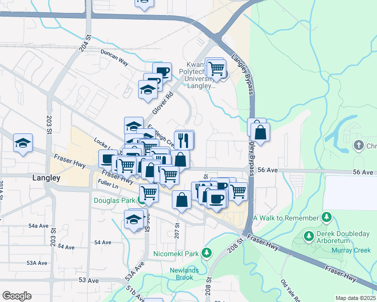 map of restaurants, bars, coffee shops, grocery stores, and more near 20695 Eastleigh Crescent in Langley