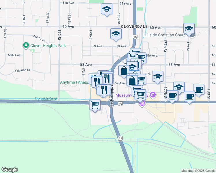map of restaurants, bars, coffee shops, grocery stores, and more near 17455 56 Avenue in Surrey