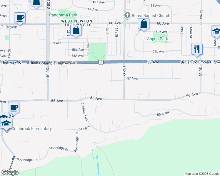 map of restaurants, bars, coffee shops, grocery stores, and more near 13110 57 Avenue in Surrey