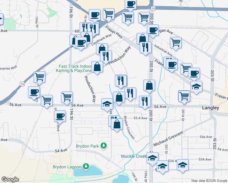 map of restaurants, bars, coffee shops, grocery stores, and more near 5713 198 Street in Langley