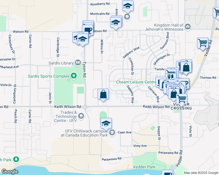 map of restaurants, bars, coffee shops, grocery stores, and more near 45163 Nicomen Crescent in Chilliwack