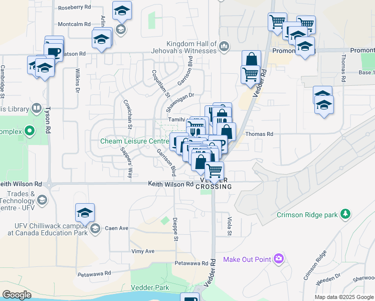 map of restaurants, bars, coffee shops, grocery stores, and more near 45510 Market Way in Chilliwack