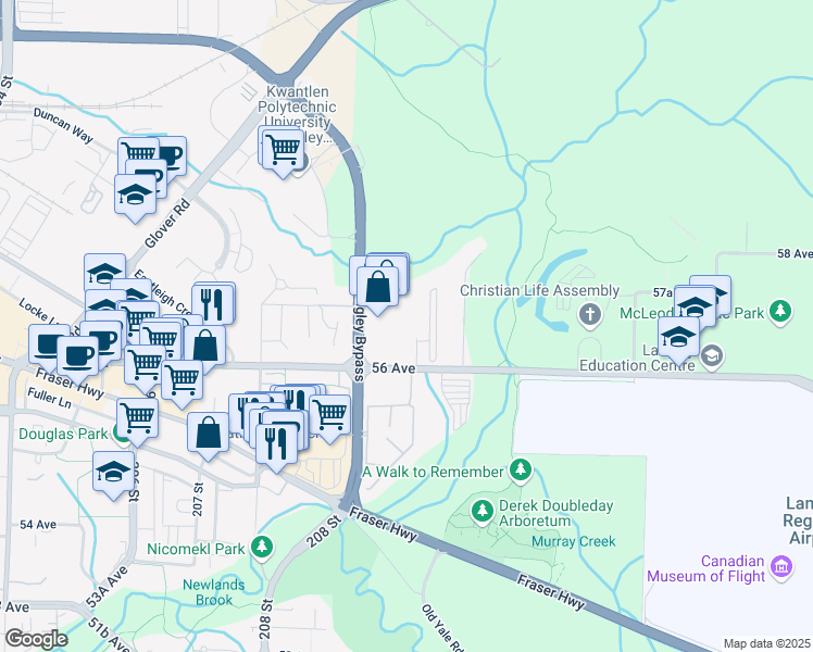 map of restaurants, bars, coffee shops, grocery stores, and more near 5700 Langley Bypass in Langley