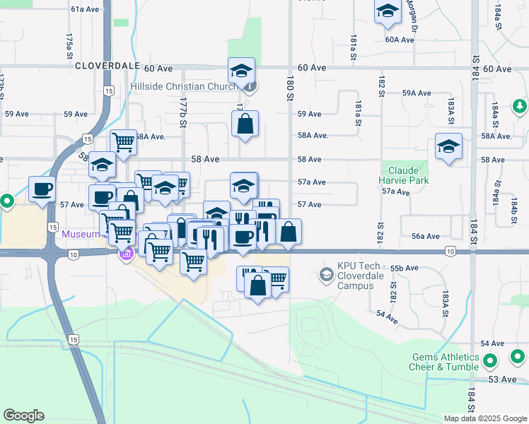 map of restaurants, bars, coffee shops, grocery stores, and more near 17952 Shannon Place in Surrey