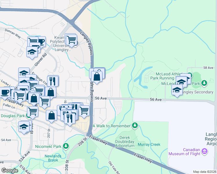 map of restaurants, bars, coffee shops, grocery stores, and more near 8088 210A Street in Langley