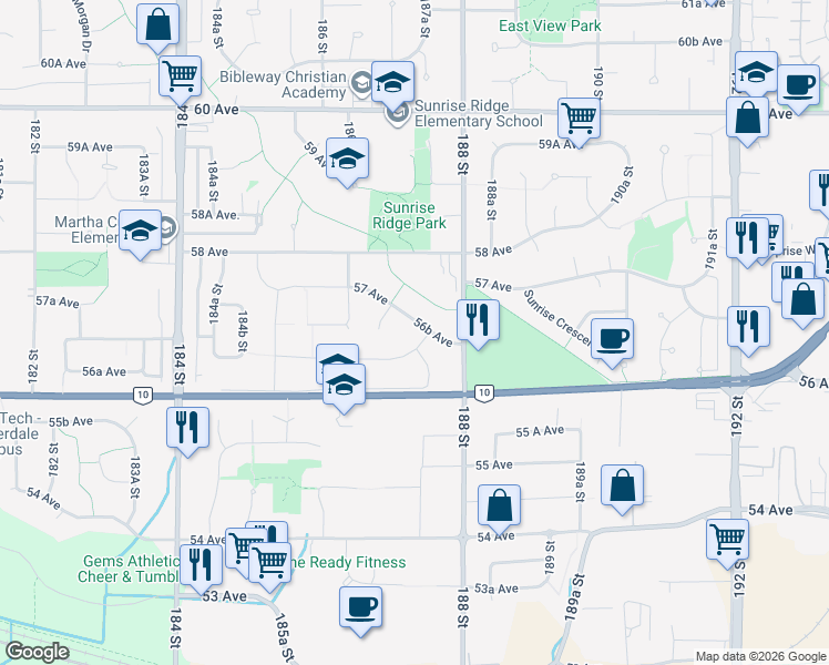 map of restaurants, bars, coffee shops, grocery stores, and more near 18738 56B Avenue in Surrey