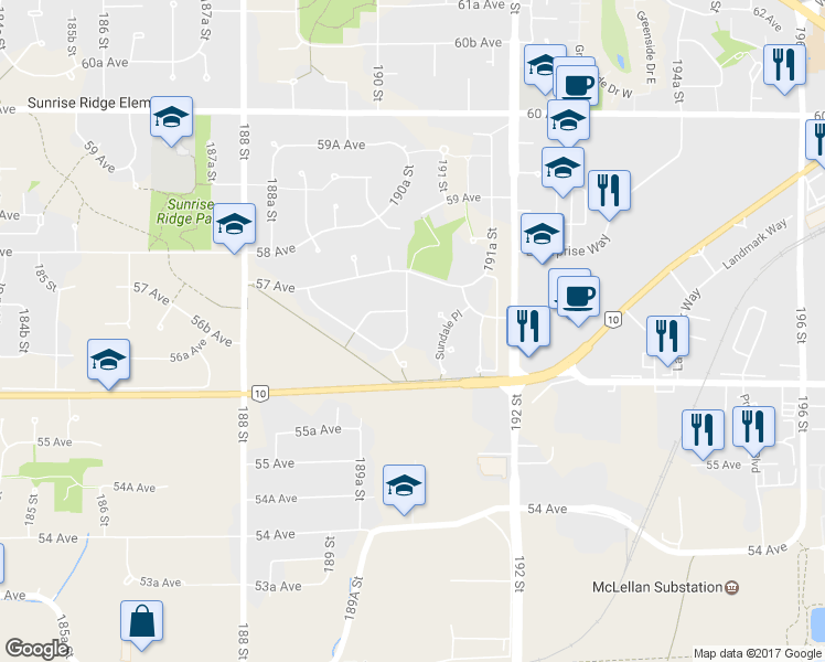 map of restaurants, bars, coffee shops, grocery stores, and more near 5632 Sunrise Crescent East in Surrey