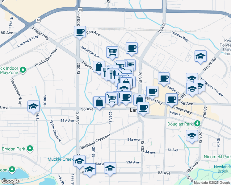 map of restaurants, bars, coffee shops, grocery stores, and more near 5660 201A Street in Langley