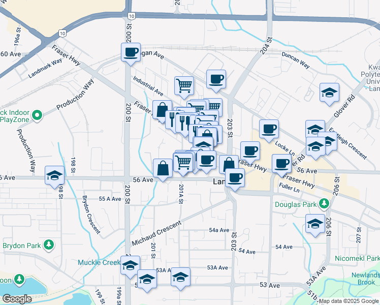 map of restaurants, bars, coffee shops, grocery stores, and more near 5650 201A Street in Langley