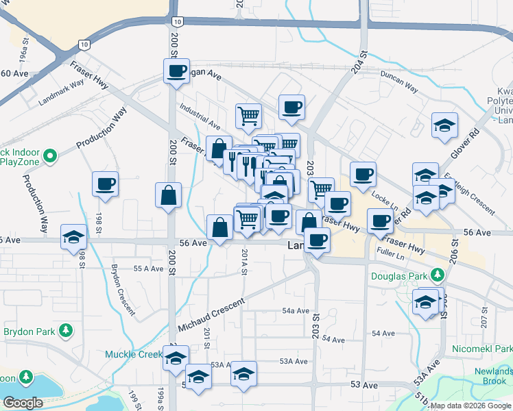 map of restaurants, bars, coffee shops, grocery stores, and more near 5650 201A Street in Langley
