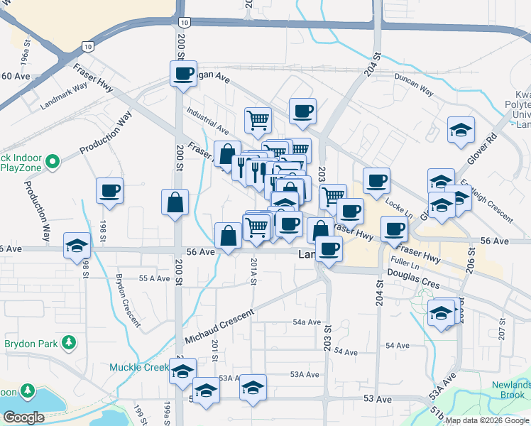 map of restaurants, bars, coffee shops, grocery stores, and more near 5650 201A Street in Langley