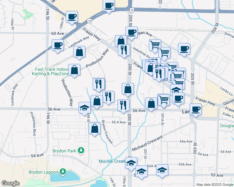 map of restaurants, bars, coffee shops, grocery stores, and more near 5642 199 Street in Langley