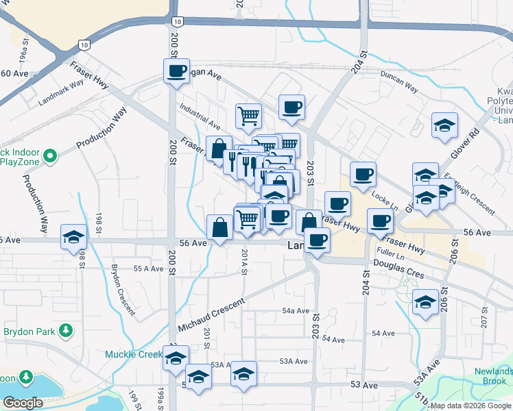 map of restaurants, bars, coffee shops, grocery stores, and more near 20180 Fraser Highway in Langley