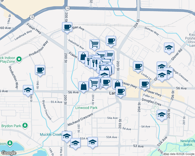 map of restaurants, bars, coffee shops, grocery stores, and more near 20170 Fraser Highway in Langley