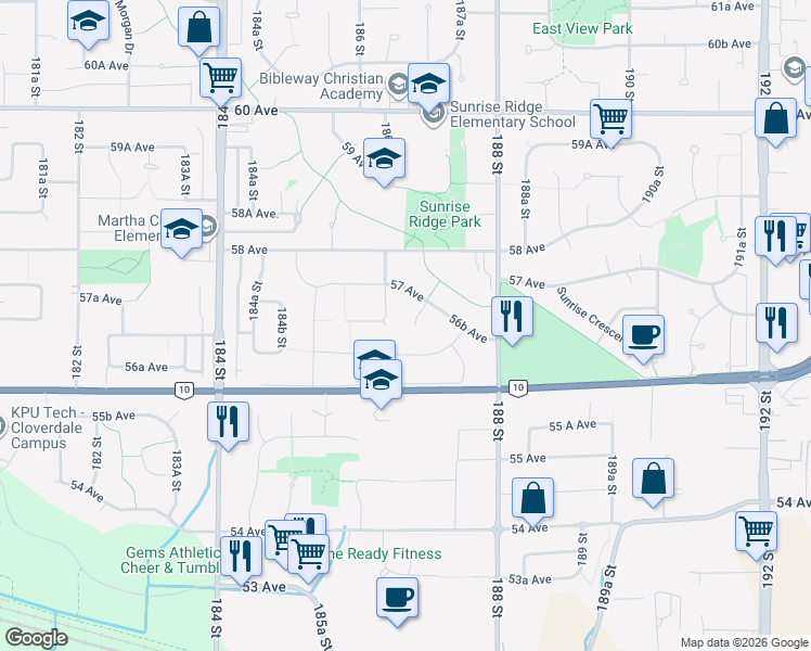 map of restaurants, bars, coffee shops, grocery stores, and more near 5653 187 Street in Surrey