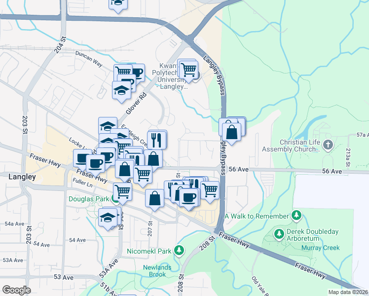 map of restaurants, bars, coffee shops, grocery stores, and more near 5668 208 Street in Langley City