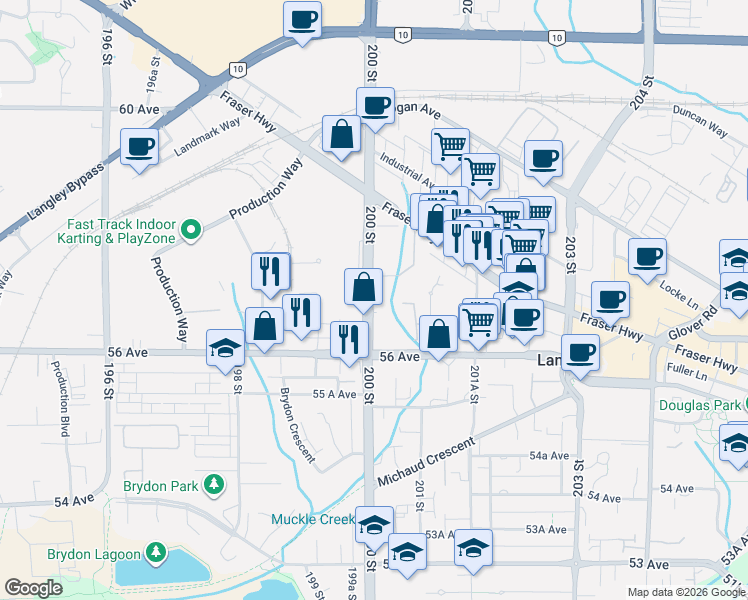 map of restaurants, bars, coffee shops, grocery stores, and more near 20062 Fraser Highway in Langley