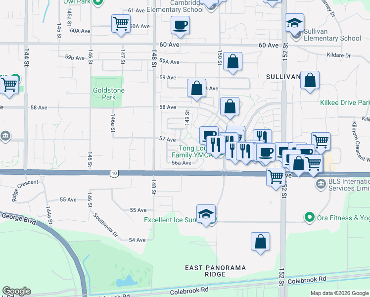 map of restaurants, bars, coffee shops, grocery stores, and more near 64 149 Street in Surrey