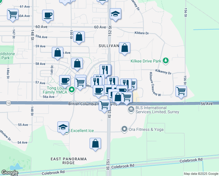 map of restaurants, bars, coffee shops, grocery stores, and more near 5688 152 Street in Surrey